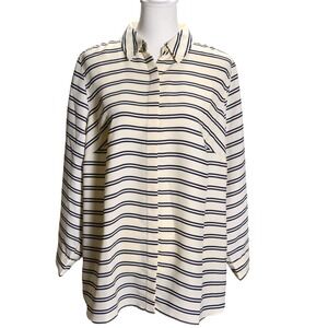 Talbots Minimalist Casual Office Summer Striped Button Up Top Ivory Navy 1XP